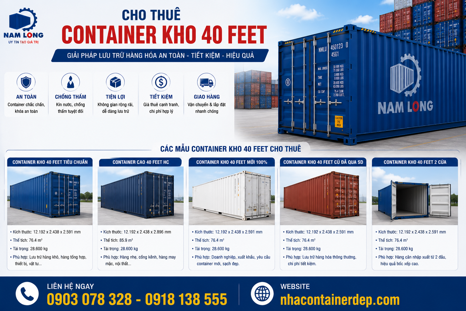Kích thước Cho Thuê Container Kho 40 Feet tiêu chuẩn
