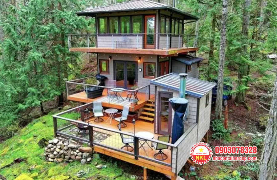Nhà container kết hợp gỗ kính