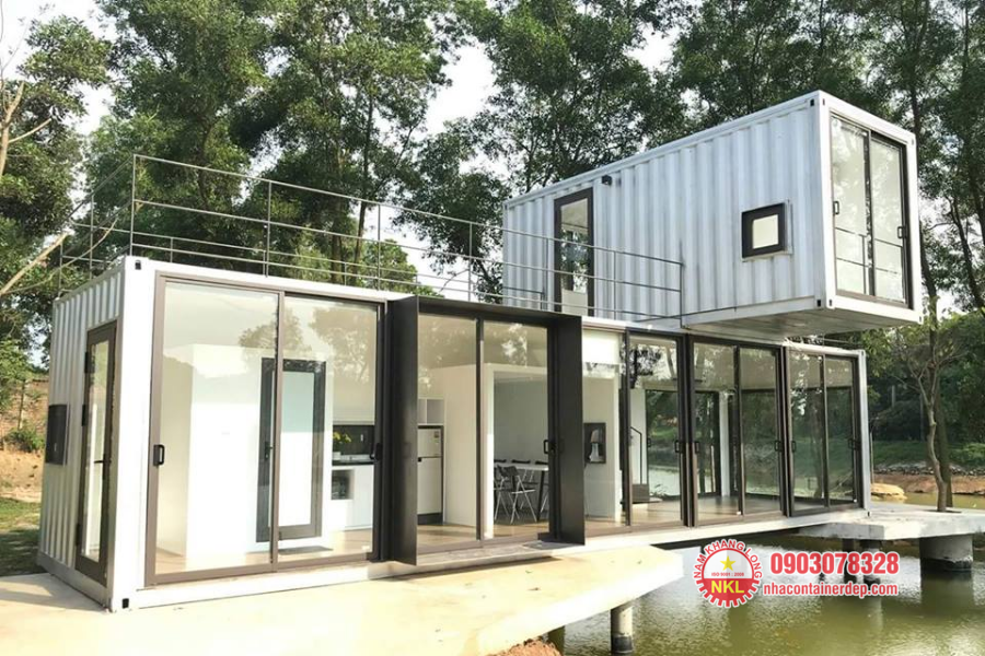 Nhà container chữ L mái kính
