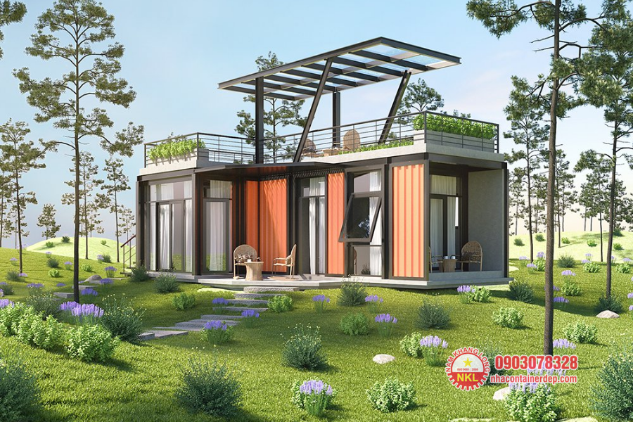 Nhà container chữ L kết hợp sân vườn