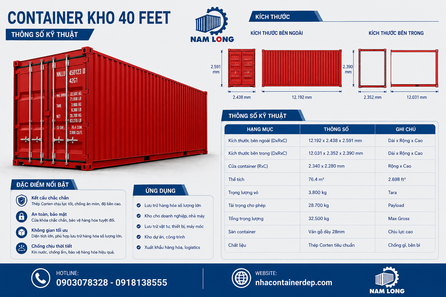 Thông số kỹ thuật Container kho 40 feet