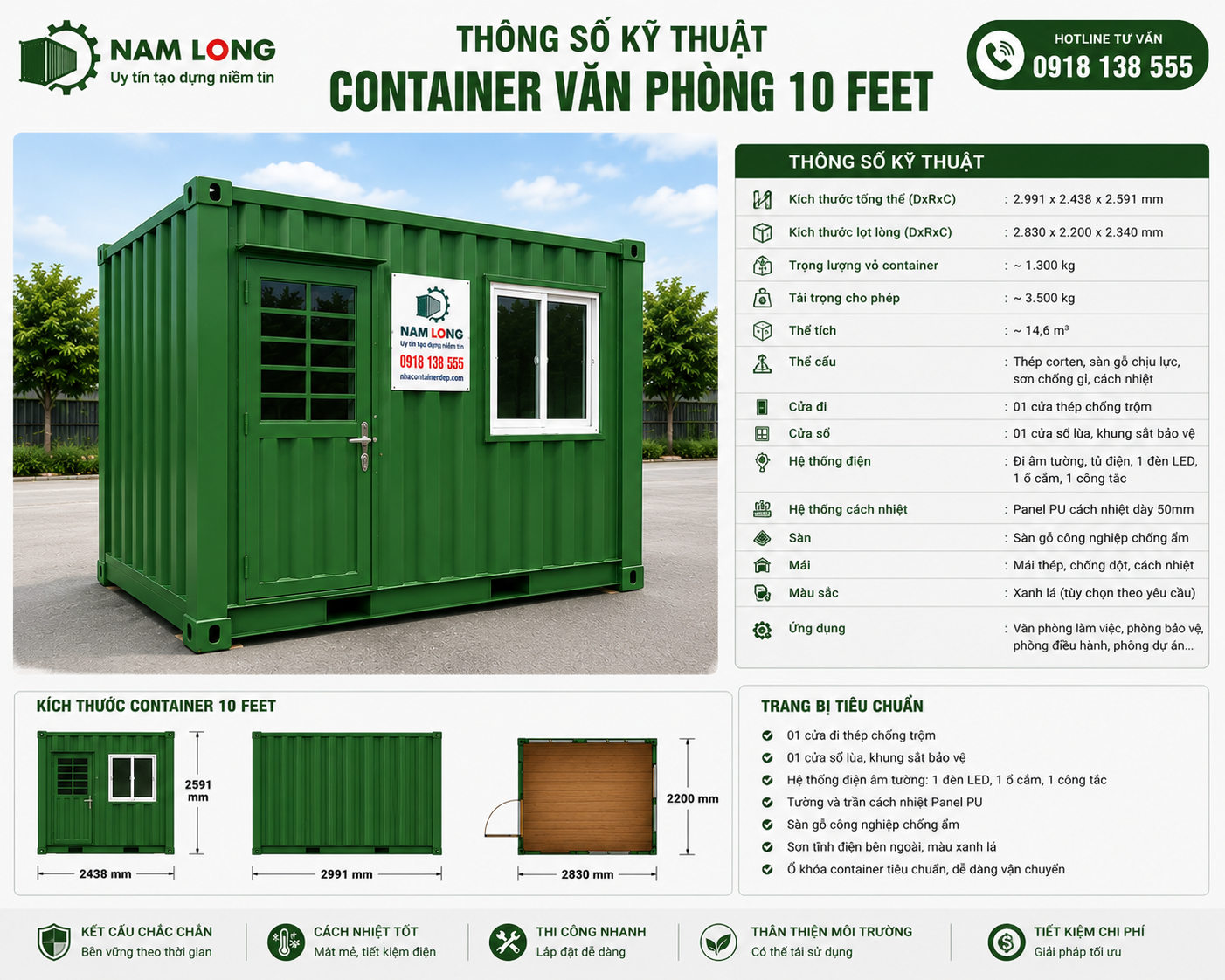 Thông số kỹ thuật container văn phòng 10ft