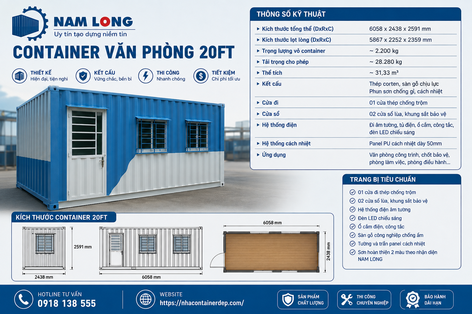 Thông số kỹ thuật container văn phòng 20 feet